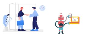 illustration of 2 people shaking hands and a robot replying emails